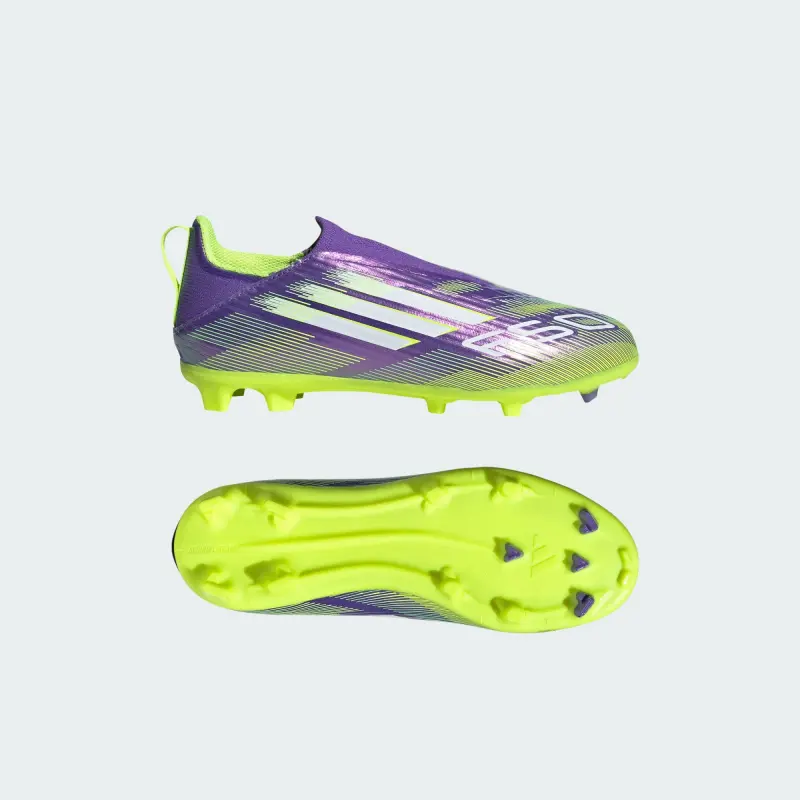 Adidas F50 League Laceless FG/MG Purple Rush Cloud White Lucid Lemon (GS) shown in a main product photo
