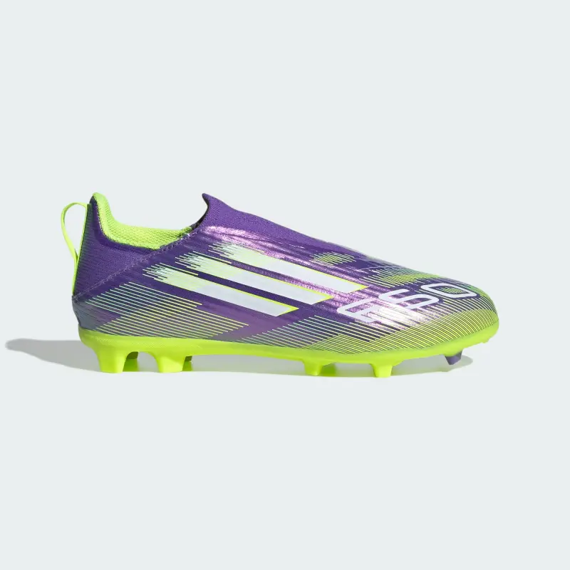 alternate photo showcasing Adidas F50 League Laceless FG/MG Purple Rush Cloud White Lucid Lemon (GS)