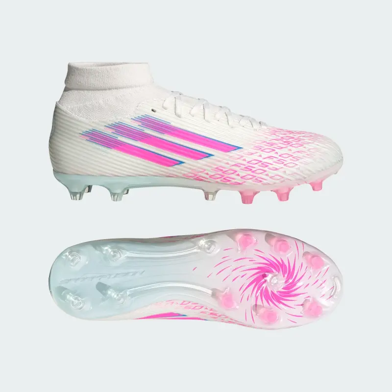 main product shot featuring Adidas F50 League Mid-Cut FG/AG Sparkfusion White Lucid Pink (Women's)