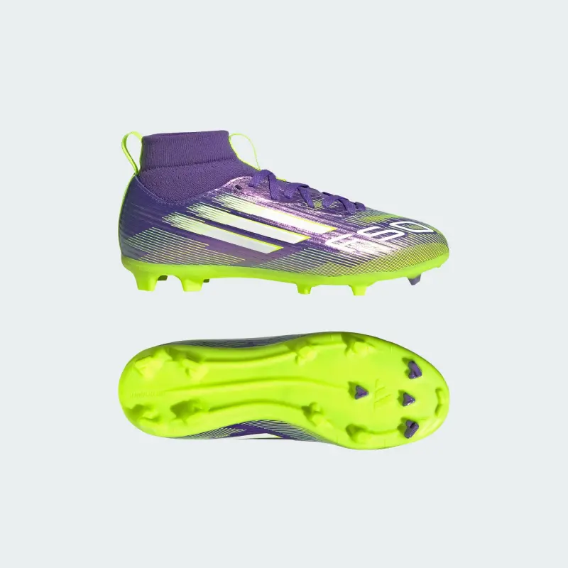 Detailed main image of Adidas F50 League Mid-Cut FG/MG Purple Rush Cloud White Lucid Lemon (GS)