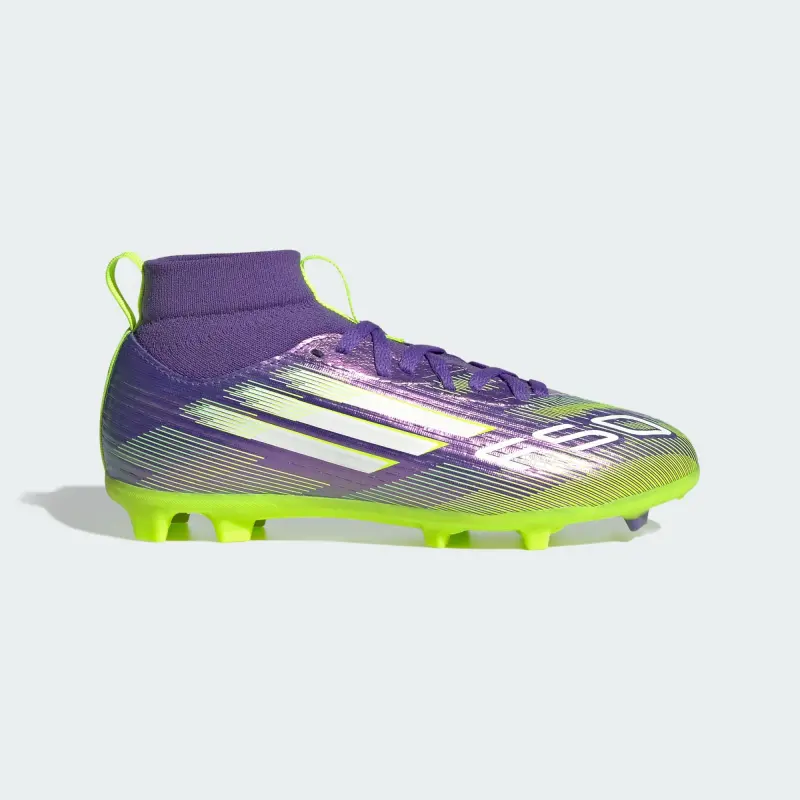 Shop image of Adidas F50 League Mid-Cut FG/MG Purple Rush Cloud White Lucid Lemon (GS) in alternate view