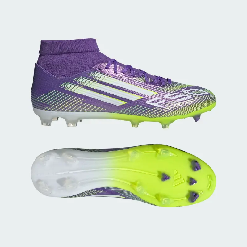 Adidas F50 League Mid-Cut FG/MG Purple Rush Cloud White Lucid Lemon displayed in a main image