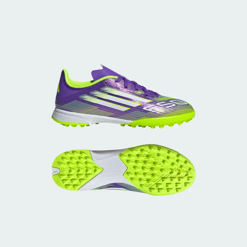 Adidas F50 League TF Purple Rush Cloud White Lucid Lemon (GS) displayed in a main image