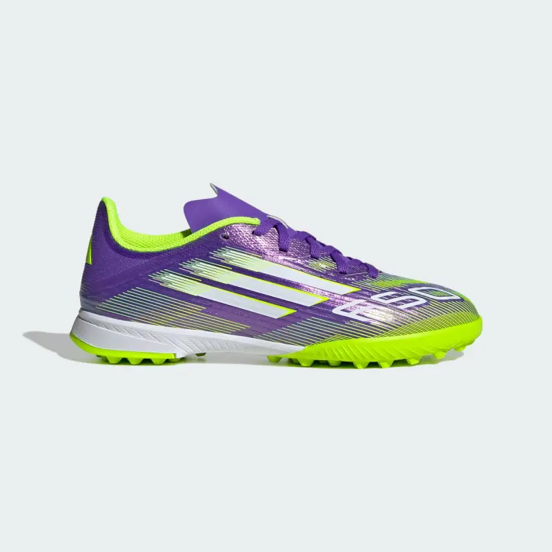 Adidas F50 League TF Purple Rush Cloud White Lucid Lemon (GS) visual highlighting the alternate view