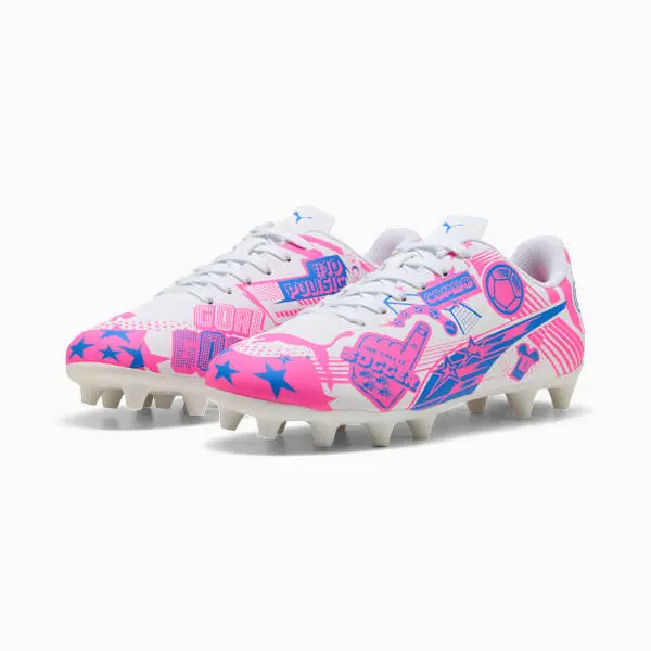 Shop image of Christian Pulisic x Puma Ultra Legacy FG/AG Big Kid 'Allover Print - Poison Pink Ultra Blue' in alternate view