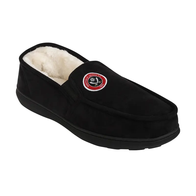 main view of Mens Crest Moccasin Slipper Black