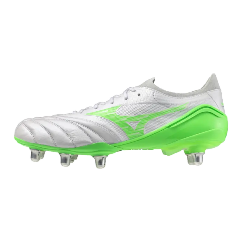 Mizuno MORELIA NEO IV BETA ELITE SI White/Neon Green/Cool Gray 3C visual highlighting the main view