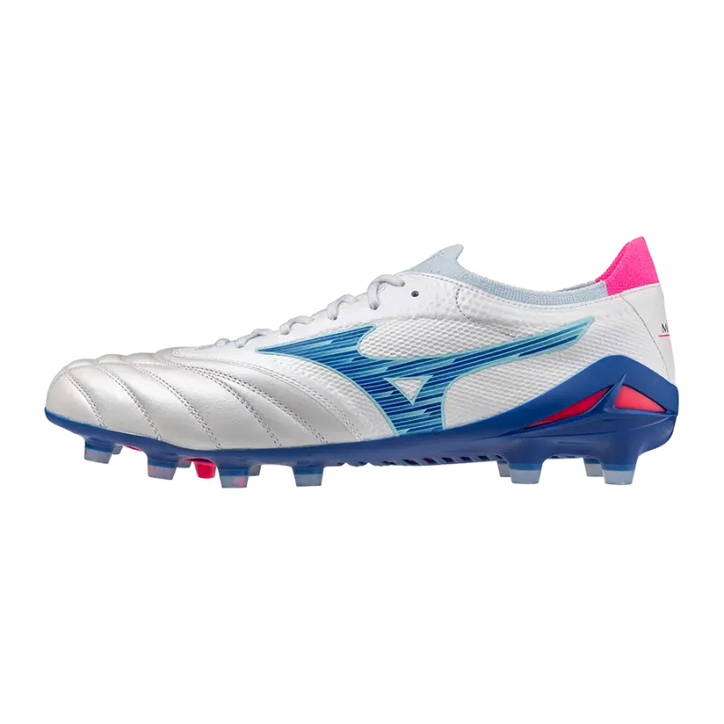 Mizuno MORELIA NEO IV BETA ELITE White/Tanager Turquoise/Pink Tetra pictured from a main angle