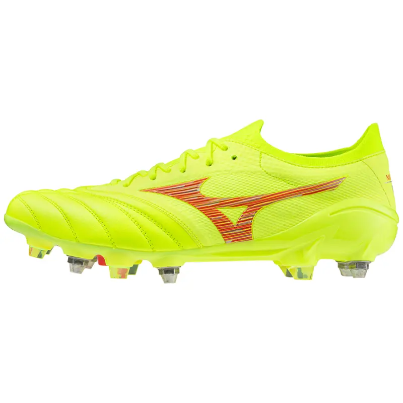 Mizuno MORELIA NEO IV BETA JAPAN MIX SafetyYllw/FieryCorl2/SftyYllw shown in a main product photo