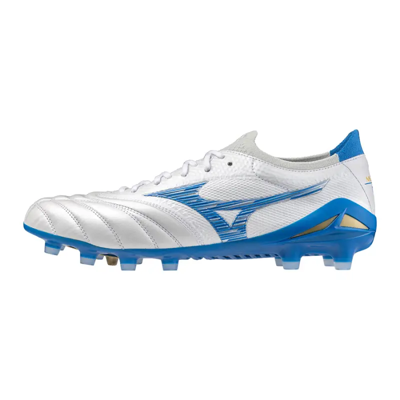 main product shot featuring Mizuno MORELIA NEO IV BETA JAPAN White/Laser Blue/Laser Blue