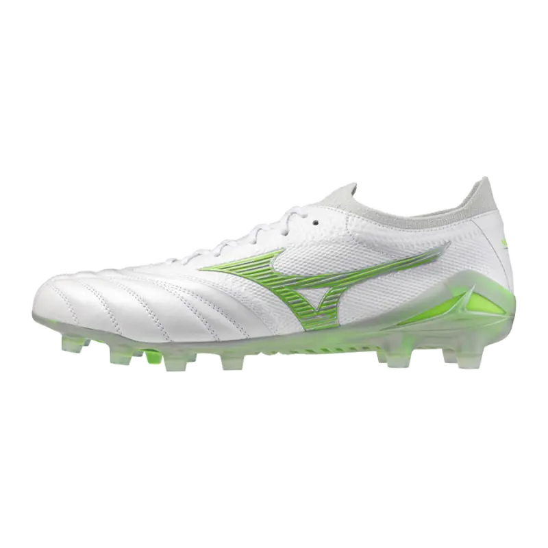 Mizuno MORELIA NEO IV BETA JAPAN White/Neon Green/Cool Gray 3C shown in a main product photo