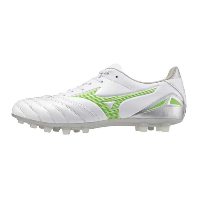 main product shot featuring Mizuno MORELIA NEO IV PRO AG White/Neon Green/Cool Gray 3C