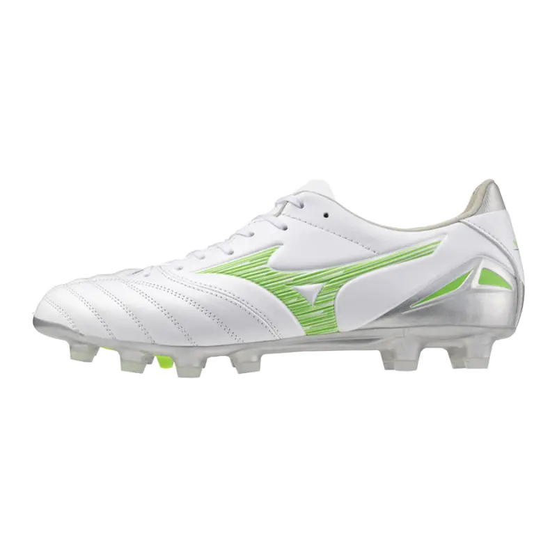 main product shot featuring Mizuno MORELIA NEO IV PRO White/Neon Green/Cool Gray 3C