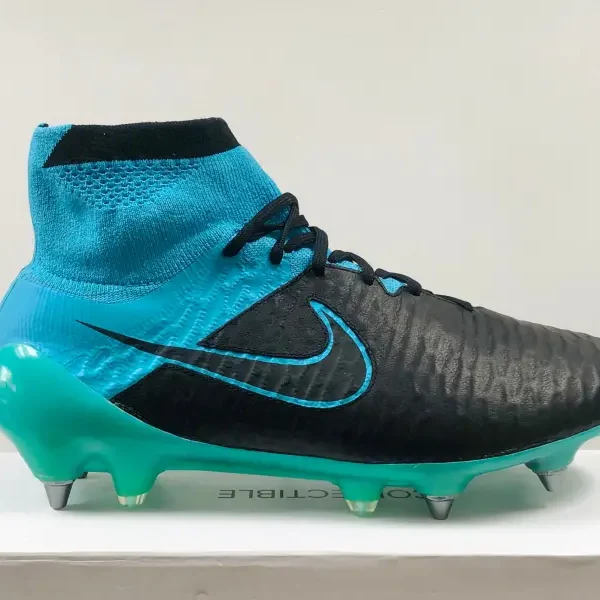main product shot featuring Nike Magista Obra Tech Craft Leather - Black / Turquoise Blue SG Pro