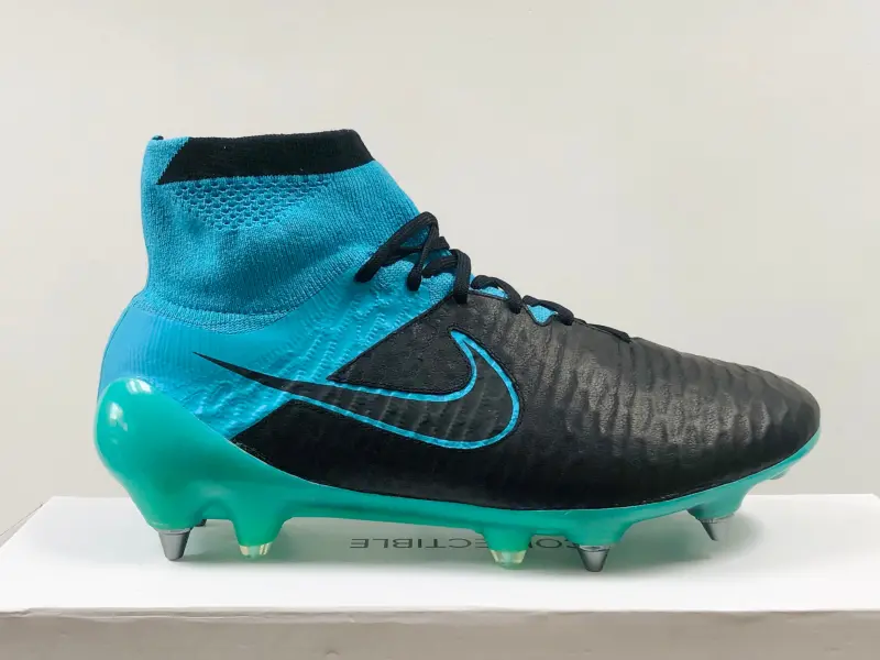 main product shot featuring Nike Magista Obra Tech Craft Leather - Black / Turquoise Blue SG Pro