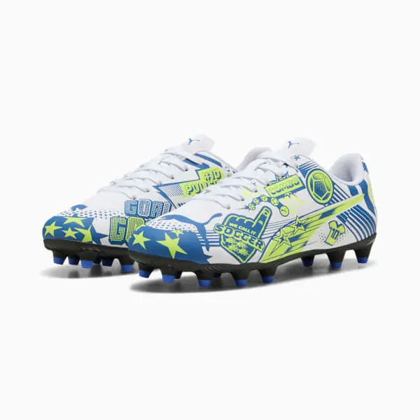 alternate product shot featuring Puma Christian Pulisic x Ultra Legacy FG/AG Big Kid 'Allover Print - Lake Blue Yellow Alert'