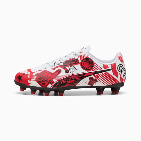 main product shot featuring Puma Christian Pulisic x Ultra Legacy FG/AG Big Kid 'Allover Print - White Red Black'