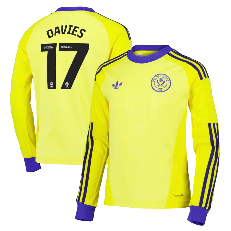 Product photography of Sheffield United Adidas Away Goalkeeper Shirt 2026-27 - Long Sleeve - Kids With Davies 17 Printing, main