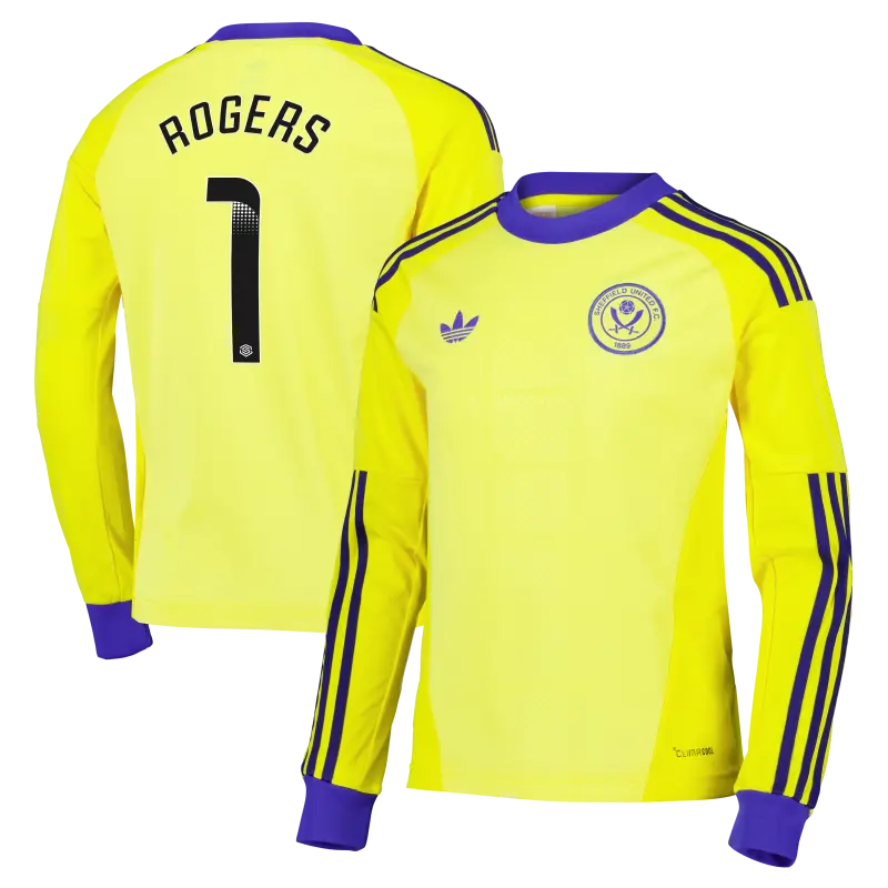main photo showcasing Sheffield United Adidas Away Goalkeeper Shirt 2026-27 - Long Sleeve - Kids With Rogers 1 Printing