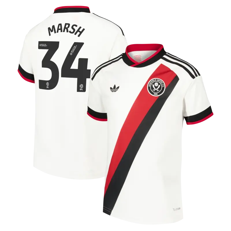 main view of Sheffield United Adidas Away Shirt 2026-27 - Kids With Marsh 34 Printing