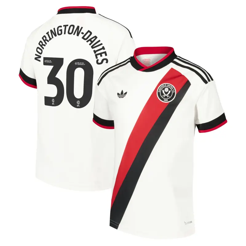 main view of Sheffield United Adidas Away Shirt 2026-27 - Kids With Norrington-Davies 30 Printing