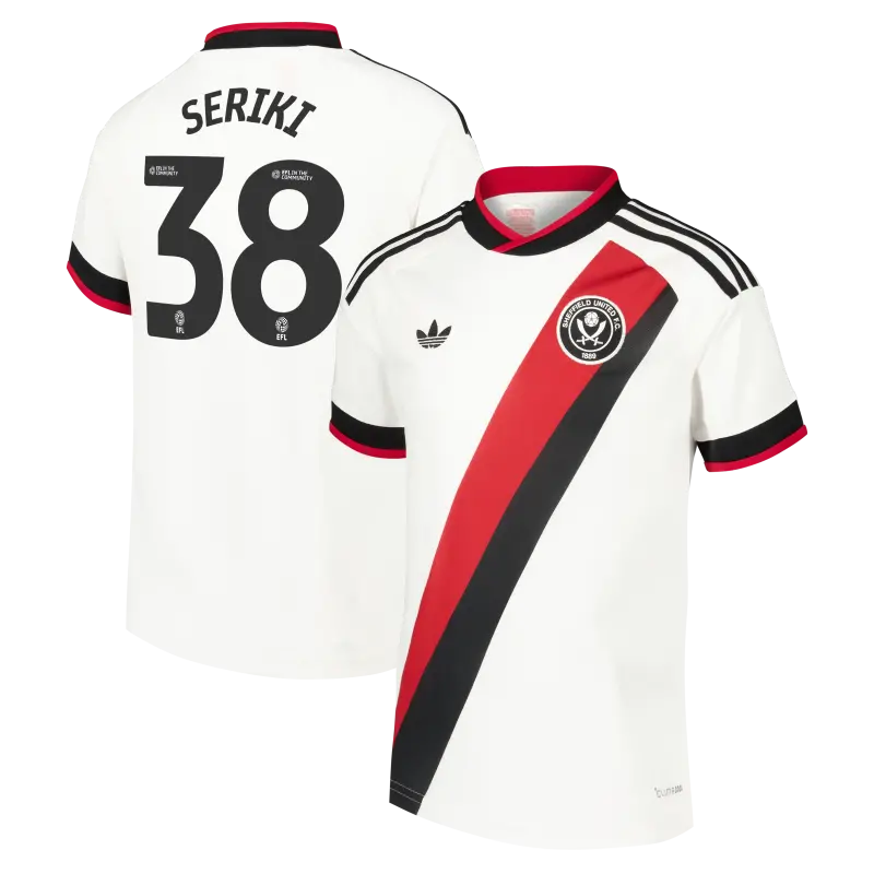 main product shot featuring Sheffield United Adidas Away Shirt 2026-27 - Kids With Seriki 38 Printing