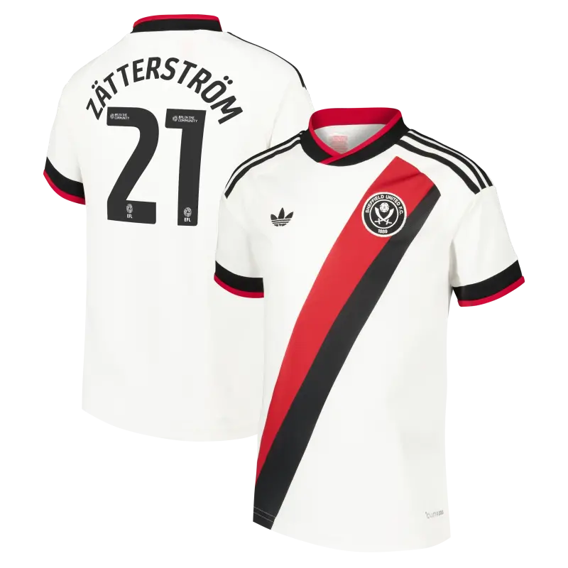 main product shot featuring Sheffield United Adidas Away Shirt 2026-27 - Kids With Zätterström 21 Printing