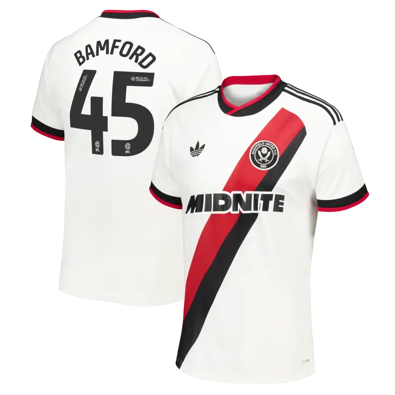 main product shot featuring Sheffield United Adidas Away Shirt 2026-27 - Mens With Bamford 45 Printing