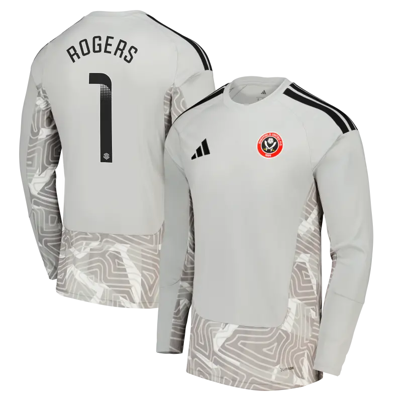 Product photography of Sheffield United Adidas Home Goalkeeper Shirt 2026-27 - Long Sleeve - Kids With Rogers 1 Printing, main