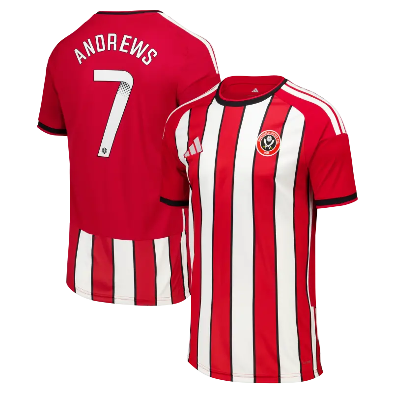 main photo showcasing Sheffield United Adidas Home Shirt 2026-27 - Kids With Andrews 7 Printing