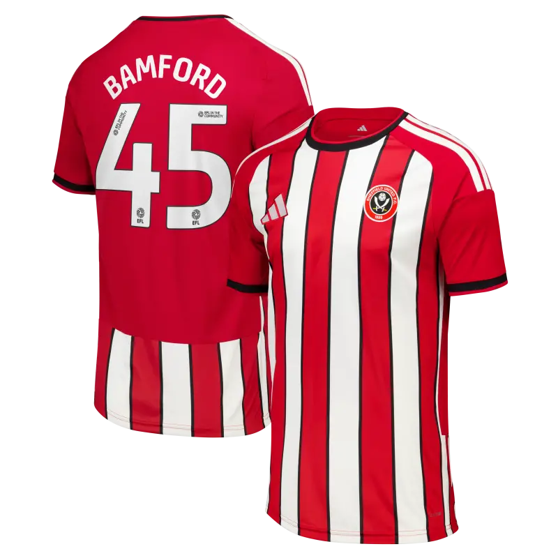 main photo showcasing Sheffield United Adidas Home Shirt 2026-27 - Kids With Bamford 45 Printing