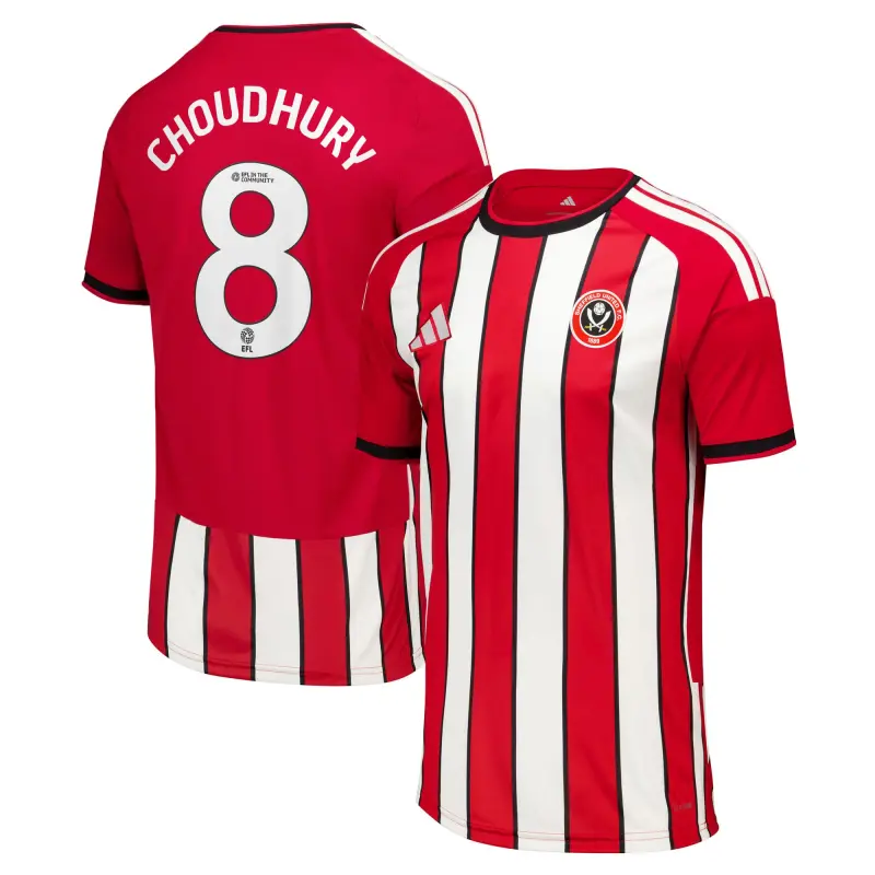 main product shot featuring Sheffield United Adidas Home Shirt 2026-27 - Kids With Choudhury 8 Printing