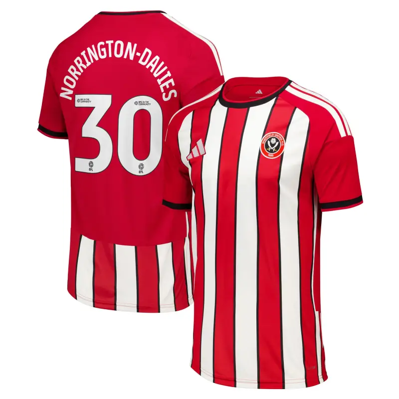 main view of Sheffield United Adidas Home Shirt 2026-27 - Kids With Norrington-Davies 30 Printing