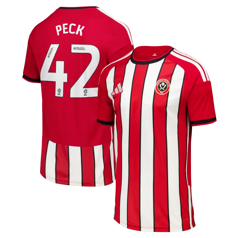 main view of Sheffield United Adidas Home Shirt 2026-27 - Kids With Peck 42 Printing