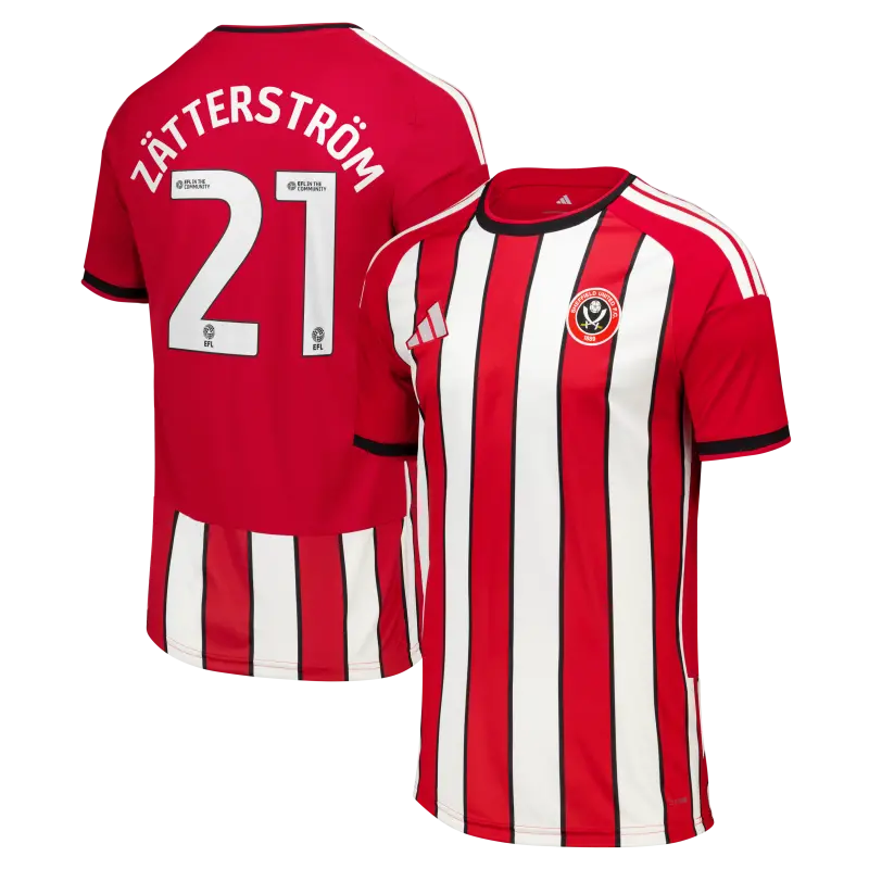 Sheffield United Adidas Home Shirt 2026-27 - Kids With Zätterström 21 Printing displayed in a main image