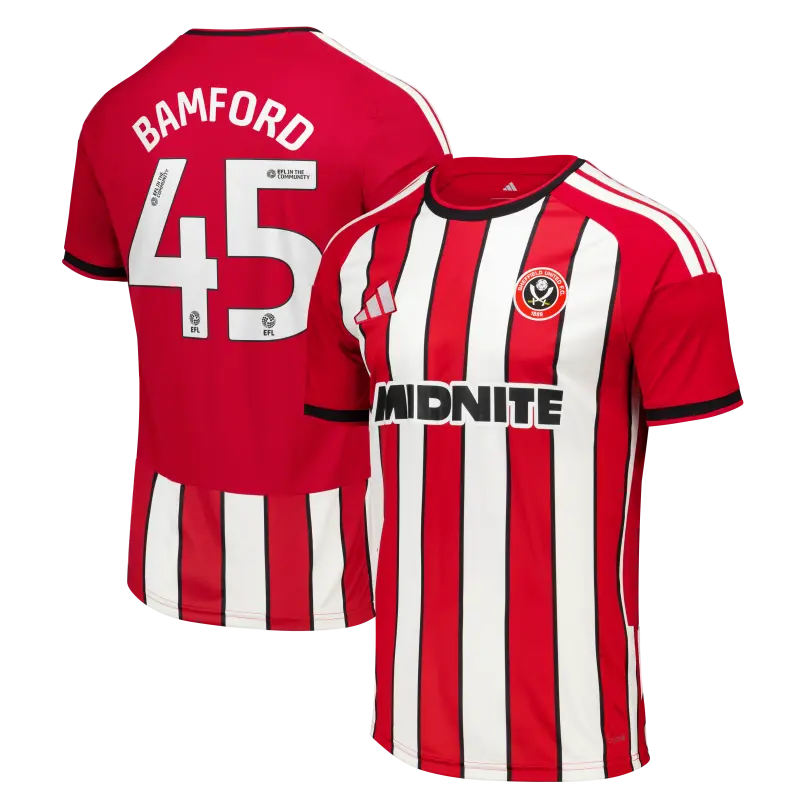 main photo showcasing Sheffield United Adidas Home Shirt 2026-27 - Mens With Bamford 45 Printing