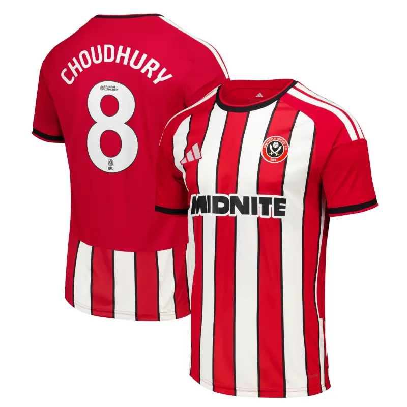 main product shot featuring Sheffield United Adidas Home Shirt 2026-27 - Mens With Choudhury 8 Printing