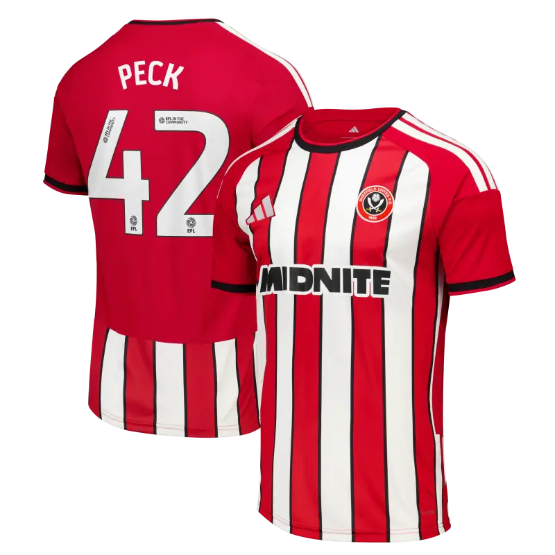 main product shot featuring Sheffield United Adidas Home Shirt 2026-27 - Mens With Peck 42 Printing