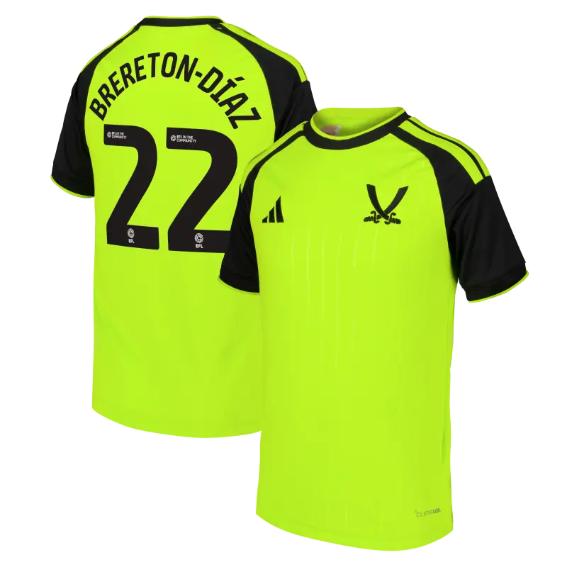 main photo showcasing Sheffield United Adidas Third Shirt 2026-27 - Kids With Brereton-Díaz 22 Printing