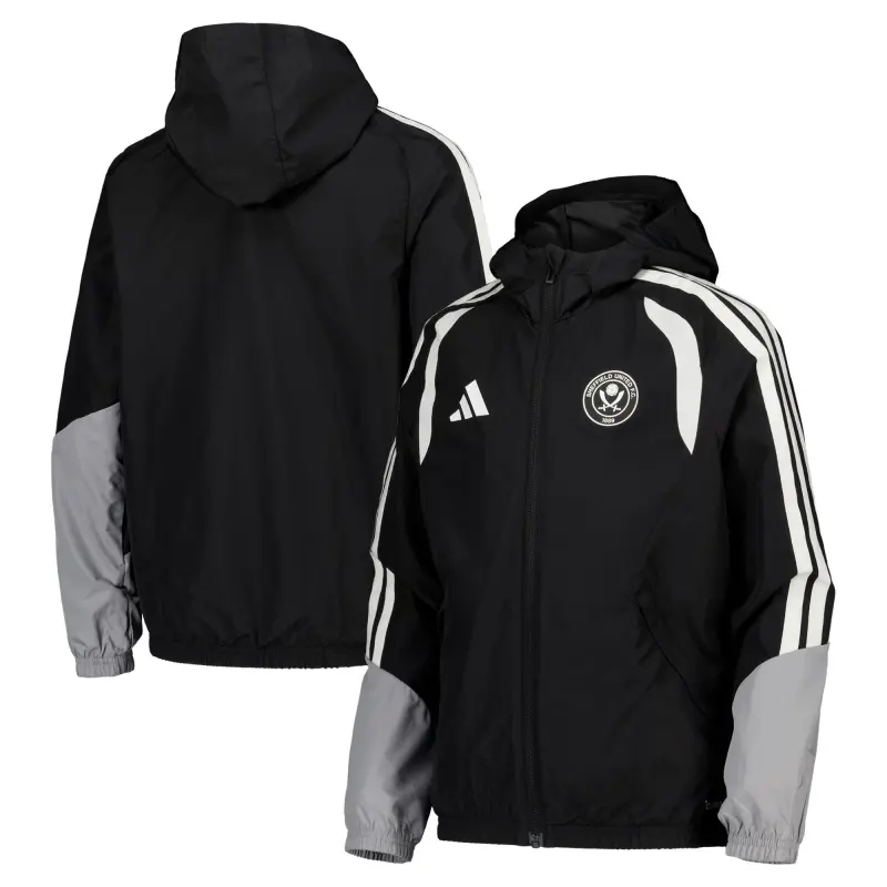 Main View of Sheffield United Adidas Training All Weather Jacket - Black - Kids Detailed main image of Sheffield United Adidas Training All Weather Jacket - Black - Kids