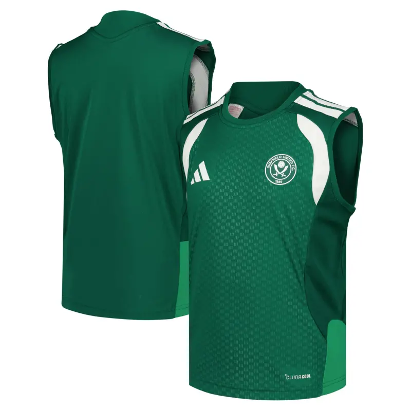 Sheffield United Adidas Training Sleeveless Jersey - Dark Green - Kids – Gallery Image 1 main product shot featuring Sheffield United Adidas Training Sleeveless Jersey - Dark Green - Kids