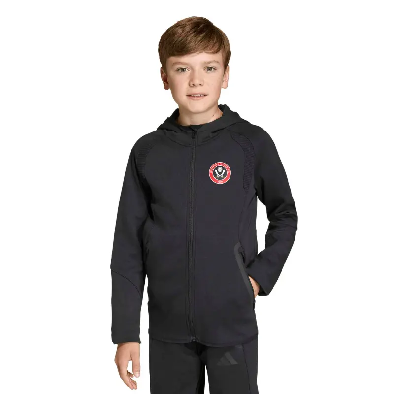 Sheffield United Adidas Travel Hoodie - Black - Kids – Gallery Image 1 Shop image of Sheffield United Adidas Travel Hoodie - Black - Kids in main view