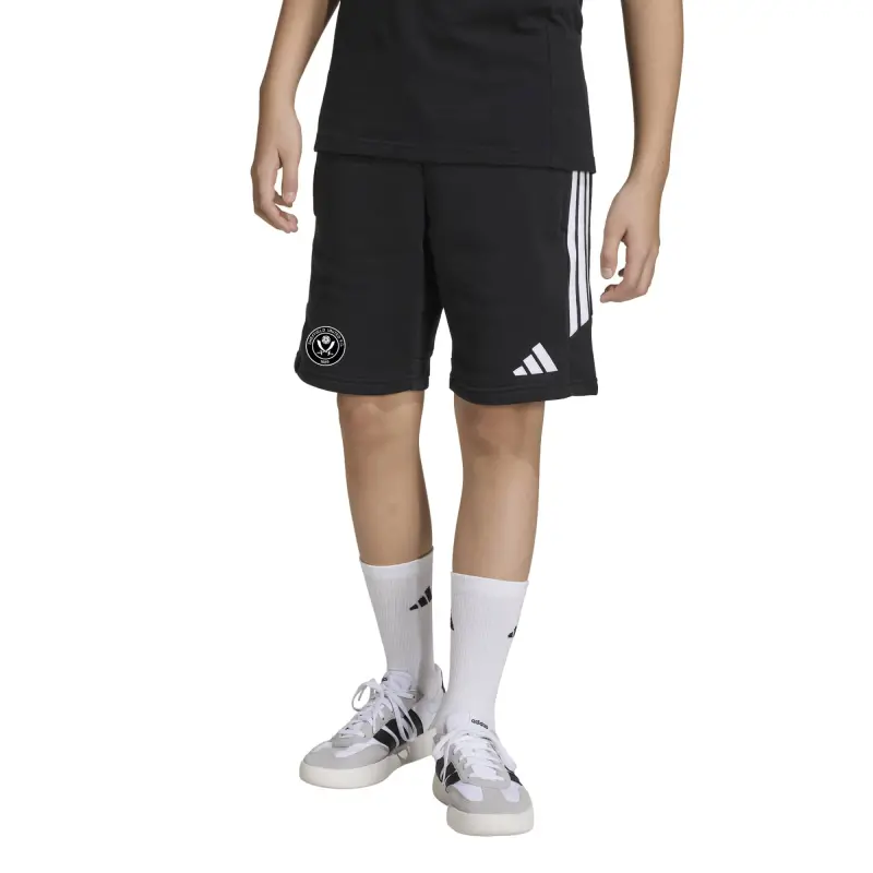Sheffield United Adidas Travel Sweat Shorts - Black - Kids – Main Product Image Sheffield United Adidas Travel Sweat Shorts - Black - Kids pictured from a main angle