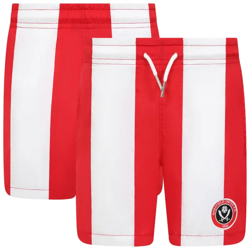 Sheffield United Stripe Crest Swim Short - Red/White - Kids – Product Photo 1 main view of Sheffield United Stripe Crest Swim Short - Red/White - Kids